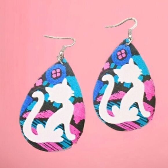 Colorful Cat Design Wood Teardrop Earrings - Picture 3 of 5